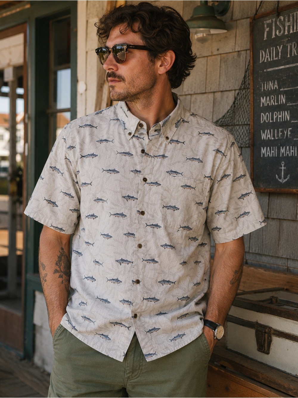 Woolrich Fish Print Short Sleeve Button Up Shirt Men’s 2XL #coastal